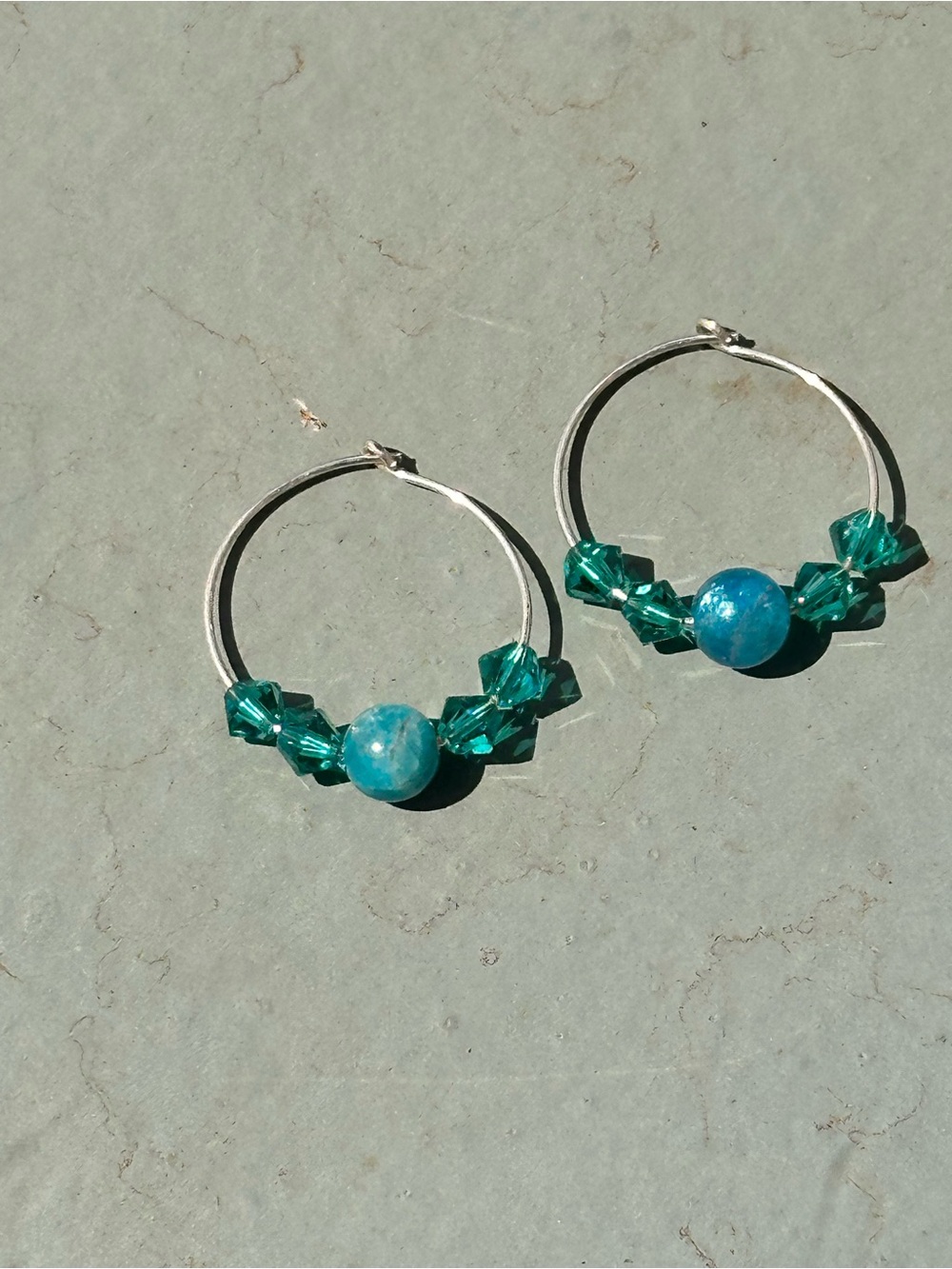 Blue Apatite .925 Sterling Silver Hoop Earrings Teal Swarovski Crystal Hanade
